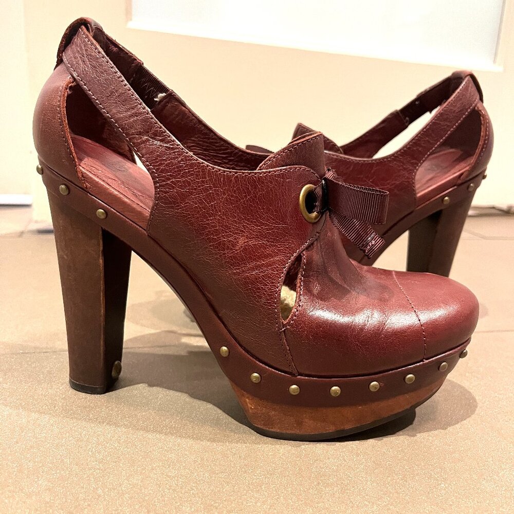 Ugg Leather Maroon Wood Platform Heels, Size 8